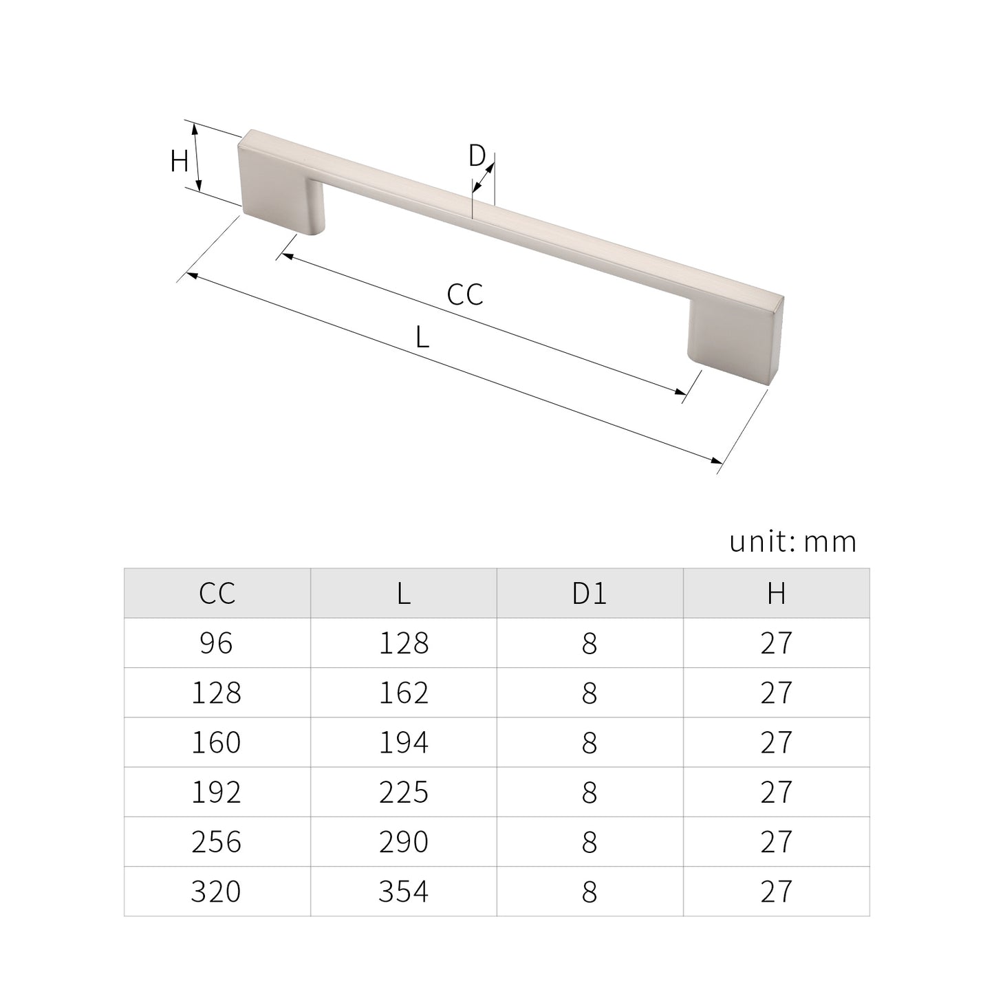 H-1165-96 3-3/4 in. (H-2008A) (96 mm) Center-to-Center Cabinet Thin Square Pull Handle