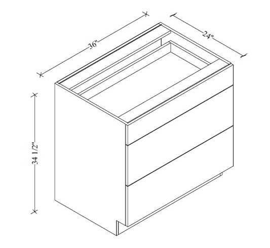 3DB36 European 3-Drawer Base Cabinet 36"Wx34-1/2"Hx24"D