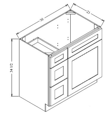 VDB3021L Shaker Style Cabinet Vanity Sink 3-Drawers Left Side Drawer 30"Wx34-1/2"Hx21"D
