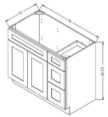 VDB3621R Shaker Style Vanity Sink 3-Drawers Cabinet Right Side Drawer 36"Wx34-1/2"Hx21"D