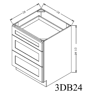 3DB24 Shaker 3-Drawer Base Cabinet 24"Wx34-1/2"Hx24"D