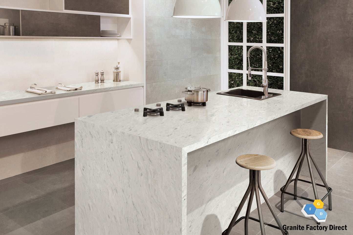 White Fusion Quartz GFD121 Countertop Prefab and Slab for sale
