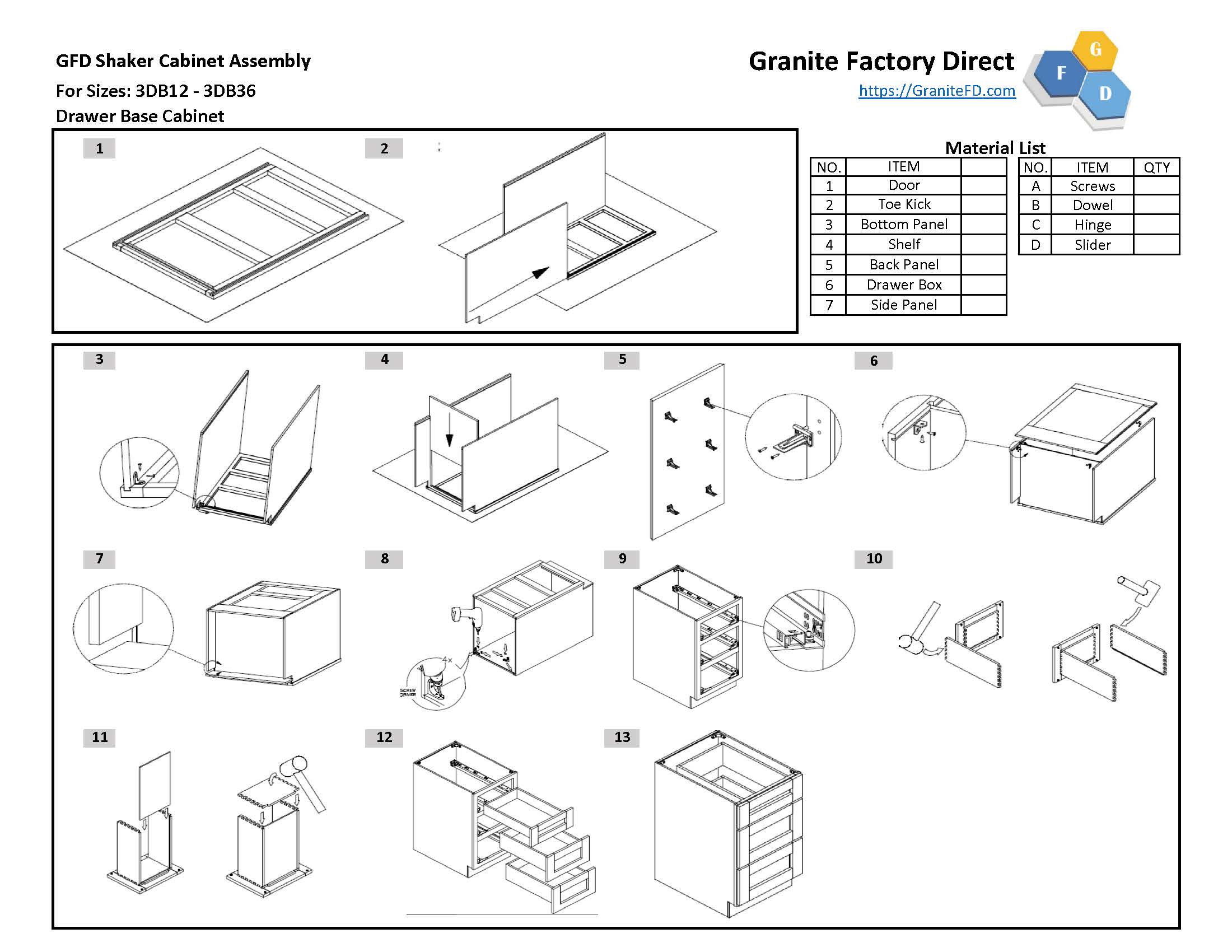 3DB33 Shaker Style Base Cabinet with 3 Drawers 33