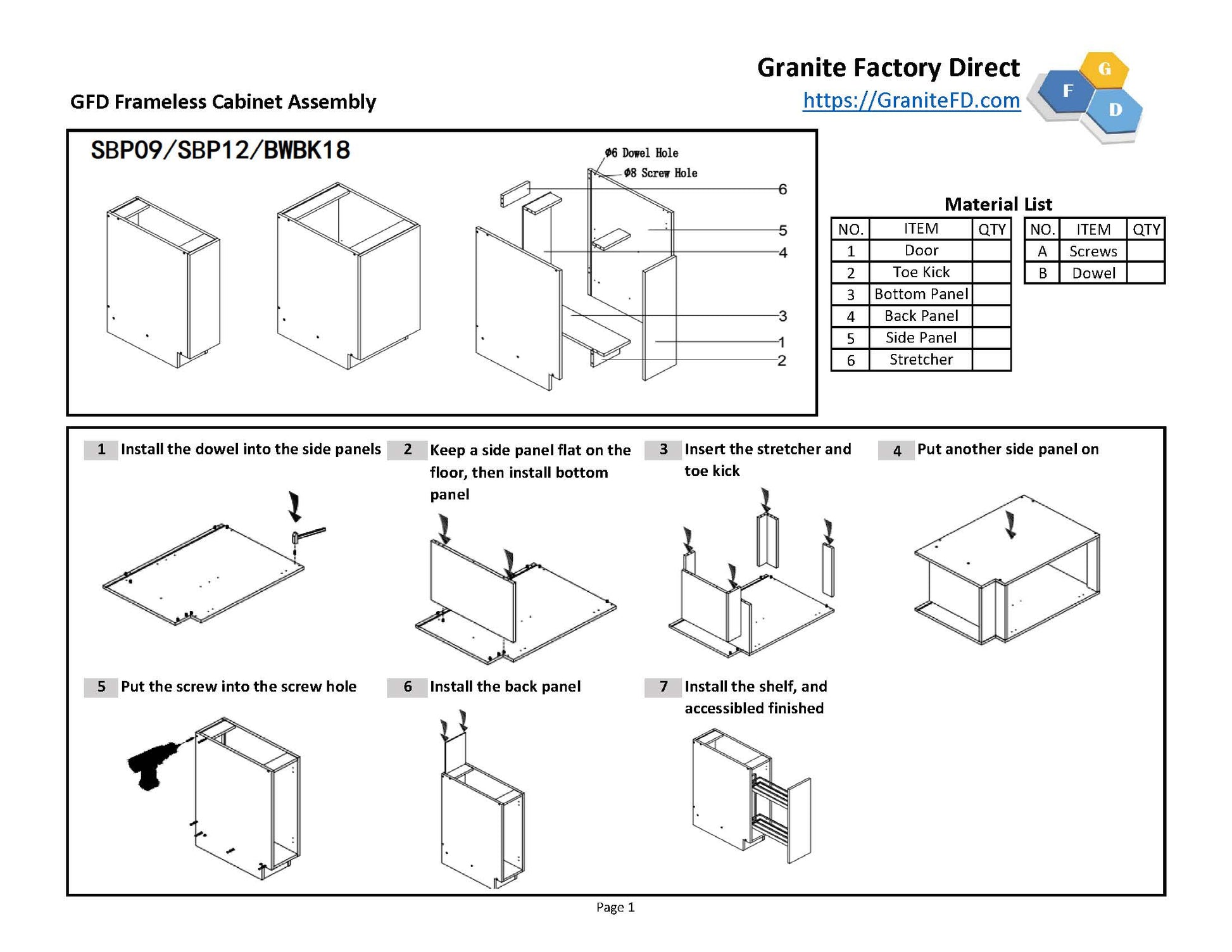 Step-by-step assembly guide for a frameless cabinet with illustrations and text, branded 'Granite Factory Direct'.