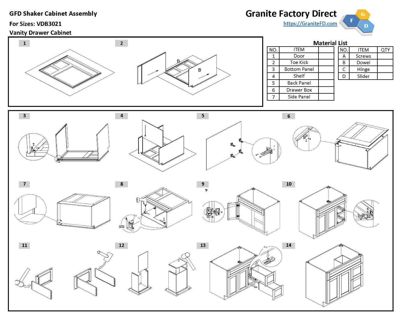 VDB3621L Vanity Sink 3-Drawers Left Side Drawer 36"Wx34-1/2"Hx21"D