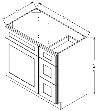 VDB3021R Vanity Sink 3-Drawers Right Side Drawer 30"Wx34-1/2"Hx21"D