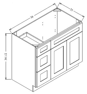 VDB3621L Shaker Style Vanity Sink 3-Drawer Cabinets Left Side Drawer 36"Wx34-1/2"Hx21"D
