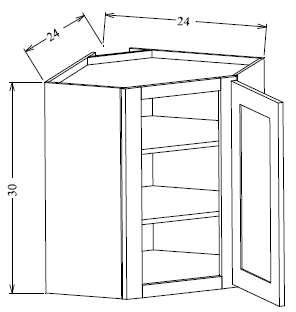 WDC2430GD Shaker Style Wall Diagonal Corner Cabinet With Glass Door 24"Wx30"Hx12"D
