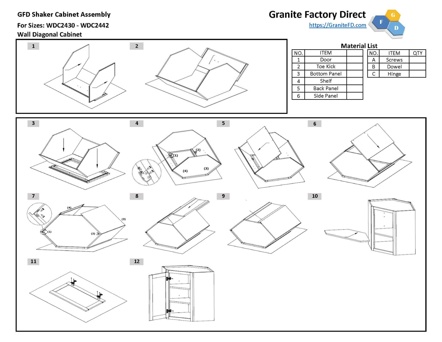 WDC2430 Wall Diagonal Corner Cabinet 24"Wx30"Hx12"D