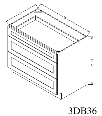3DB36 Shaker 3-Drawer Base Cabinet 36"Wx34-1/2"Hx24"D