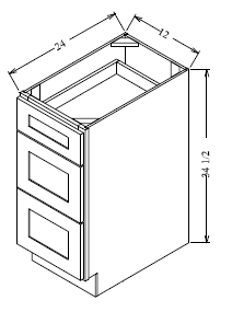 Products 3DB12 Shaker 3-Drawer Base Cabinet 12"Wx34-1/2"Hx24"D