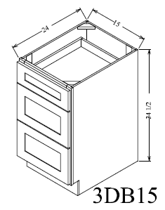 3DB15 Shaker 3-Drawer Base Cabinet 15"Wx34-1/2"Hx24"D