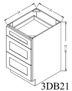 3DB21 Shaker 3-Drawer Base Cabinet 21"Wx34-1/2"Hx24"D