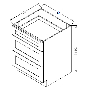 3DB27 Shaker 3-Drawer Base Cabinet 27"Wx34-1/2"Hx24"D
