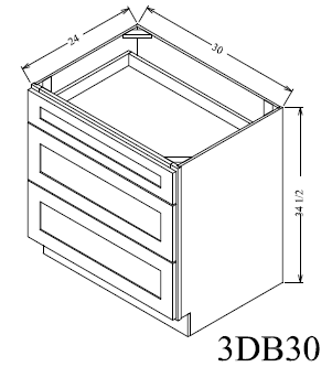 3DB30 Shaker 3-Drawer Base Cabinet 30"Wx34-1/2"Hx24"D