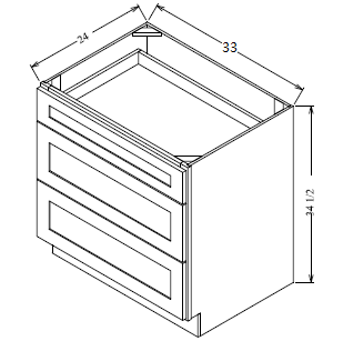3DB33 Shaker 3-Drawer Base Cabinet 33"Wx34-1/2"Hx24"D